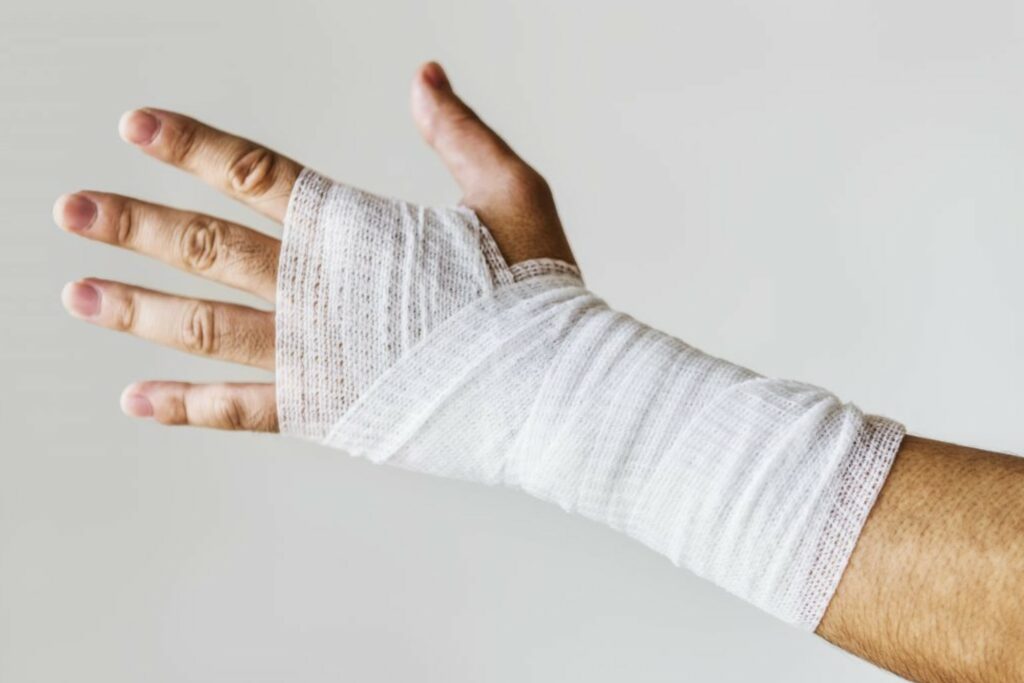 Hand and arm wrapped due to burn injury